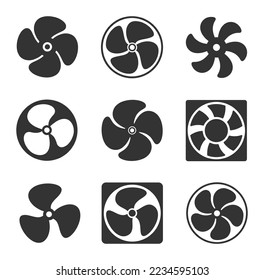 Lüftersymbole von Ventilator, Gebläse, Gebläse und Lüfterpropeller. Einfarbige Vektorsymbole für Kühlungs-, Klimatisierungs- und Lüftungsanlagen. PC-Computer, Automotoren oder Turbinenventilator