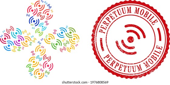 Air cooler rotation colored exploding flower with 4 petals, and red round PERPETUUM MOBILE grunge stamp seal. Air cooler rotation symbol inside round stamp seal.