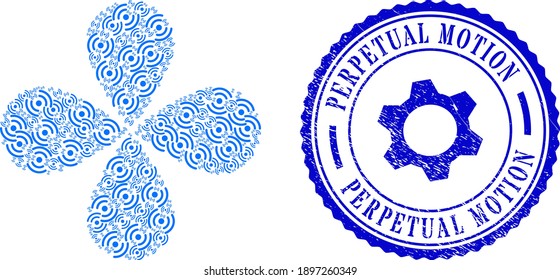 Air cooler rotation flower with four petals, and blue round PERPETUAL MOTION unclean badge with icon inside. Object flower composed from oriented air cooler rotation items.