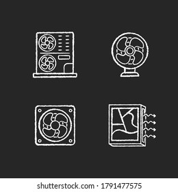 Air cooling chalk white icons set on black background. Industrial ventilation, table fan and picture frame air conditioner. Commercial and domestic ACs. Isolated vector chalkboard illustrations