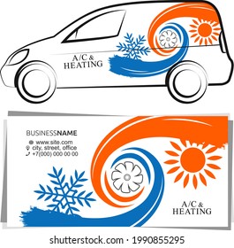 Luftkühlung und -heizung im Hausdesign. Visitenkartenkonzept und Werbegrafiken für Autos.
