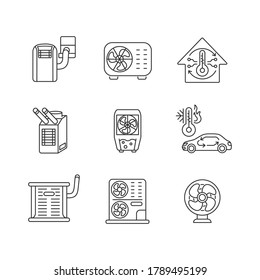Air cooling and heating linear icons set. Domestic environment ventilation сustomizable thin line contour symbols. Air temperature control. Isolated vector outline illustrations. Editable stroke