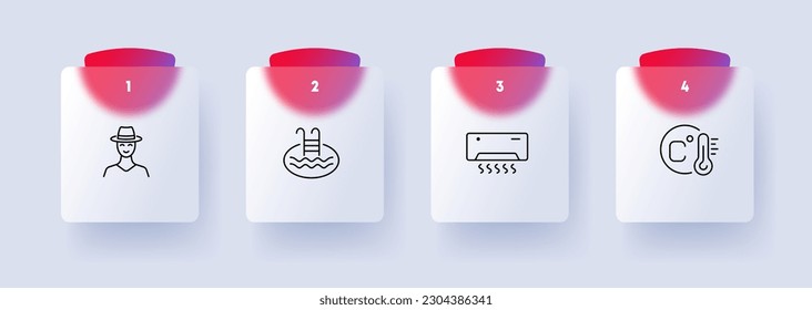 Conjunto de iconos de refrigeración de aire. Aire acondicionado, sistema de refrigeración, brisa refrescante, control de temperatura. Confort. Estilo de glasmorfismo. Icono de línea de vector para negocios y publicidad