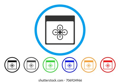 Air Copter Calendar Page vector rounded icon. Image style is a flat gray icon symbol inside a blue circle. Additional color variants are gray, black, blue, green, red, orange.