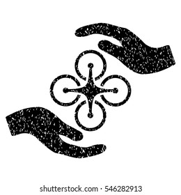 Air Copter Care Hands grainy textured icon for overlay watermark stamps. Flat symbol with dust texture. Dotted vector black ink rubber seal stamp with grunge design on a white background.