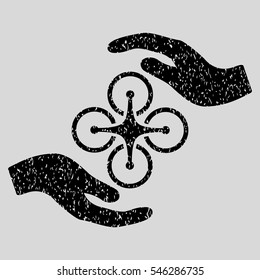 Air Copter Care Hands grainy textured icon for overlay watermark stamps. Flat symbol with unclean texture. Dotted vector black ink rubber seal stamp with grunge design on a light gray background.
