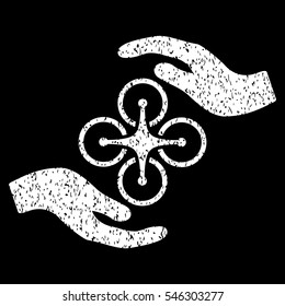 Air Copter Care Hands grainy textured icon for overlay watermark stamps. Flat symbol with scratched texture. Dotted vector white ink rubber seal stamp with grunge design on a black background.