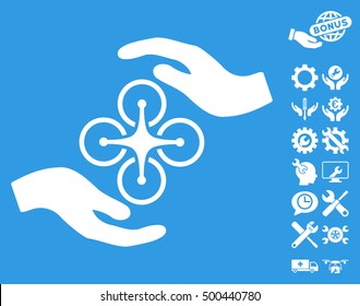Air Copter Care Hands icon with bonus options images. Vector illustration style is flat iconic symbols, white color, blue background.