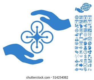 Air Copter Care Hands pictograph with bonus calendar and time management pictures. Vector illustration style is flat iconic symbols, cobalt color, white background.