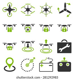 Air copter flat icon set designed with eco green and gray colors. These bicolor pictograms are isolated on white background.