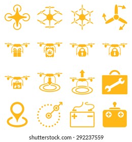 Air copter flat icon set designed with yellow color. These flat pictograms are isolated on a white background.