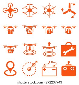 Air copter flat icon set designed with orange color. These flat pictograms are isolated on a white background.