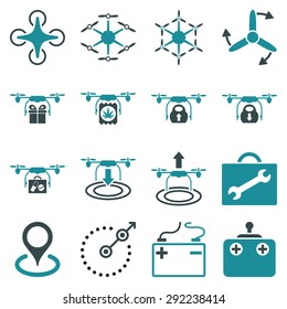 Air copter flat icon set designed with soft blue colors. These flat bicolor pictograms are isolated on a white background.