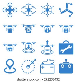 Air copter flat icon set designed with cobalt color. These flat pictograms are isolated on a white background.