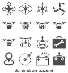 Air copter flat icon set designed with gray color. These flat pictograms are isolated on a white background.