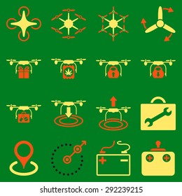 Air copter flat icon set designed with orange and yellow colors. These flat bicolor pictograms are isolated on a green background.