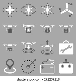 Air copter flat icon set designed with dark gray and white colors. These flat bicolor pictograms are isolated on a silver background.