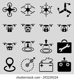Air copter flat icon set designed with black color. These flat pictograms are isolated on a light gray background.