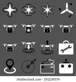 Air copter flat icon set designed with black and white colors. These flat bicolor pictograms are isolated on a gray background.