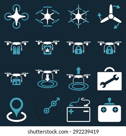 Air copter flat icon set designed with blue and white colors. These flat bicolor pictograms are isolated on a dark blue background.
