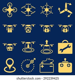 Air copter flat icon set designed with yellow color. These flat pictograms are isolated on a blue background.