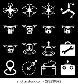 Air copter flat icon set designed with white color. These flat pictograms are isolated on a black background.