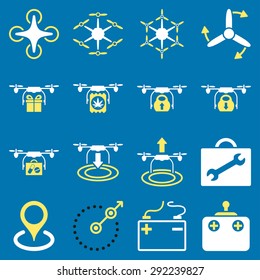 Air copter flat icon set designed with yellow and white colors. These flat bicolor pictograms are isolated on a blue background.