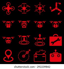 Air copter flat icon set designed with red color. These flat pictograms are isolated on a black background.
