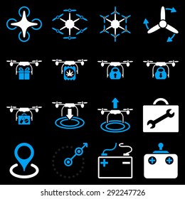 Air copter flat icon set designed with blue and white colors. These flat bicolor pictograms are isolated on a black background.