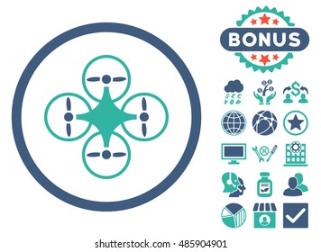 Air Copter icon with bonus design elements. Vector illustration style is flat iconic bicolor symbols, cobalt and cyan colors, white background.
