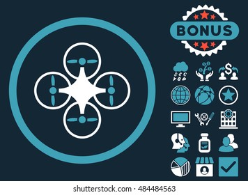 Air Copter icon with bonus symbols. Vector illustration style is flat iconic bicolor symbols, blue and white colors, dark blue background.