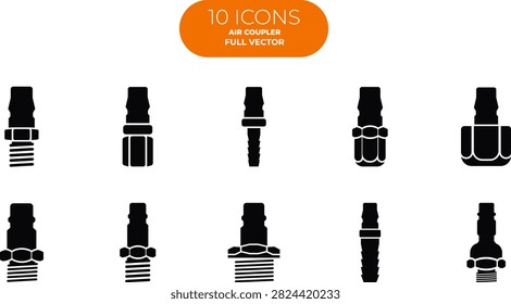 Air Coupler Quick Connector Icon Set Black Glyph Vector