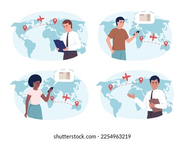 Air courier company managers and customers flat concept vector illustration set. Editable 2D cartoon characters on white for web design. Creative ideas collection for website, mobile, presentation