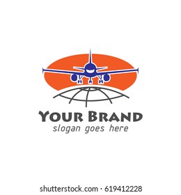 air craft or air plane world travel logo with sunset/sunrise