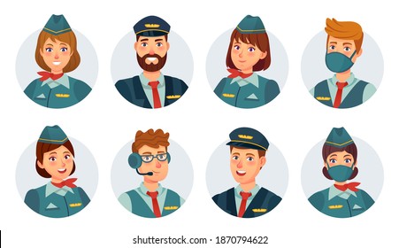 Flugbesatzungsavatare. Airline-Pilot, Schiffskapitän, Stewardess, Flugbegleiter und Flugingenieur-Rundsymbol. Flughafenpersonal in Maskenvektorset. Lächelnde Frau und Mann in Uniform, Flugdienst