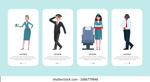 Air crew set. Stewardess, pilot, captain flat vector illustration. Airliner staff, occupation, travel concept for banner, website design or landing web page