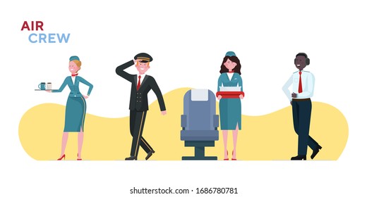 Air crew set. Stewardess, pilot, captain flat vector illustration. Airliner staff, occupation, travel concept for banner, website design or landing web page