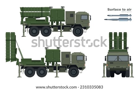 Air defense missile system. Surface to air rocket launcher. Anti aircraft military vehicle. Front and side view of army truck. Industrial blueprint. Vector illustration