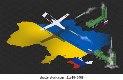 Air Defense Of The Russian Armed Forces Fires And Destroys A Military Drone With A Missile In The Sky Above The Map Of Ukraine. Closed Sky. Isometric Vector. Military Operation And Crisis.