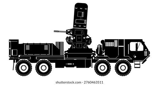 Air Defense System C RAM HEMTT A3 Truck. Moving Cannon Missile Truck in Line Vector Design. Anti Drone, Anti Air Craft and Anti Jet Vehicle.