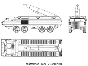 Sistema de defensa aérea. Cohetes y conchas. Equipo militar especial. Ataque aéreo. Máquina militar vectorial. Logotipo de vehículo militar.