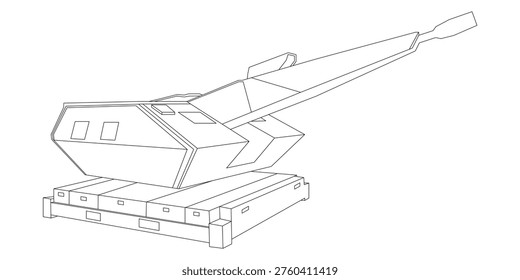 Air Defense System Turret Sky Guard RAM C Big Gun. Missile Rocket Anti Drone, Anti Plane And Anti Air Craft. In Line Art with White Background.