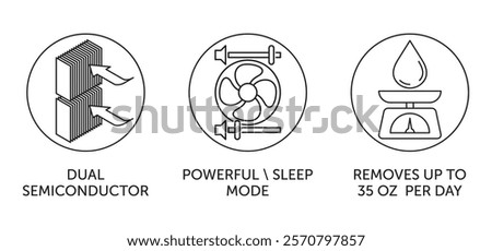 Air Dehumidifier characteristics - Dual semiconductor, Powerful or Sleep mode switcher, Removes up to X oz per day. pictograms for labeling in thin line