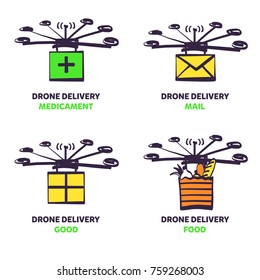 Air delivery.  Concept convenient and fast transportation.  Template logo design with drone. Concept illustration of a drone carrying a package. Sketch vector illustration. 
