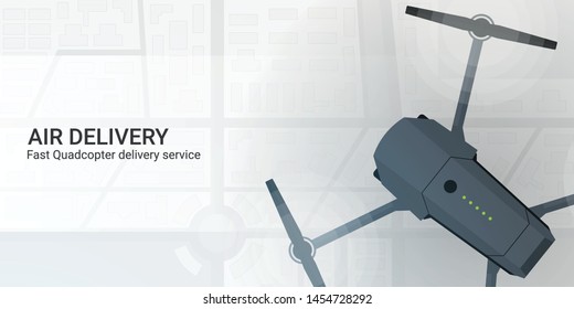 Air delivery. Drone flying over the city. City map on the background. Aerial Drone taking photography and video