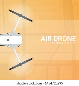 Air delivery. Drone flying over the city. City map on the background. Aerial Drone taking photography and video