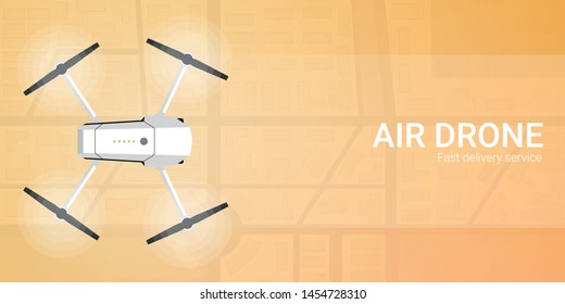 Air delivery. Drone flying over the city. City map on the background. Aerial Drone taking photography and video