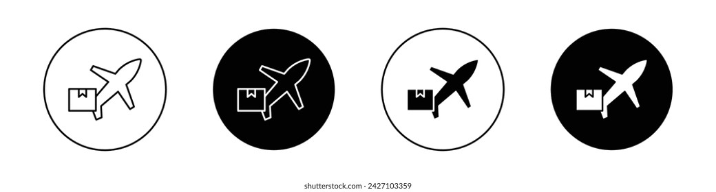 Air Delivery Icon Set. Flight Plane Cargo Vector Symbol in einem schwarz gefüllten und umrissenen Stil. In: Skybound Logistics Sign.