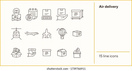 Air delivery icons. Set of line icons. Helicopter, parcel size, open box, mailbox. Delivery concept. Vector illustration can be used for topics like transportation, service, post