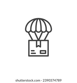 Air delivery line icon. linear style sign for mobile concept and web design. Parcel box with parachute outline vector icon. Airdrop symbol, logo illustration. Vector graphics
